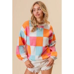 015 Multi-Colored Checkered Midweight Sweater in Orange Pink Blue White